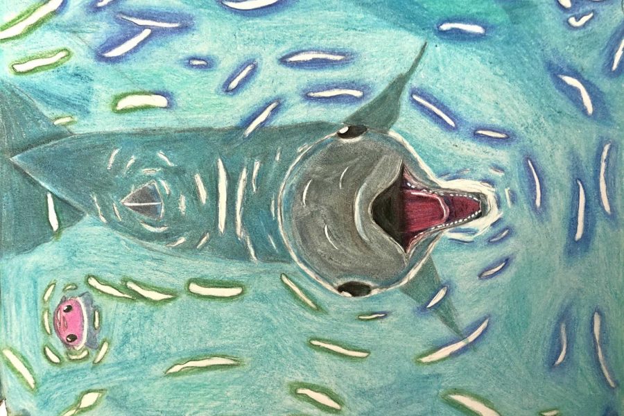 Sophomore Miya Brown drew an image of a playful dolphin swimming with a squid for her art class. It kind of made me happy with the tones and colors, Brown said.