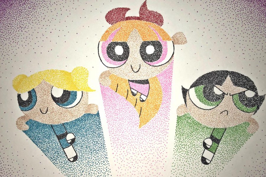 Senior Kaitlyn Foco spends two hours in her studio art class. For her second composition of her theme, 90s cartoons, she chose to stipple the Powder Puff Girls. Stippling is done when the artist marks small dots with a pen or marker to create an image.