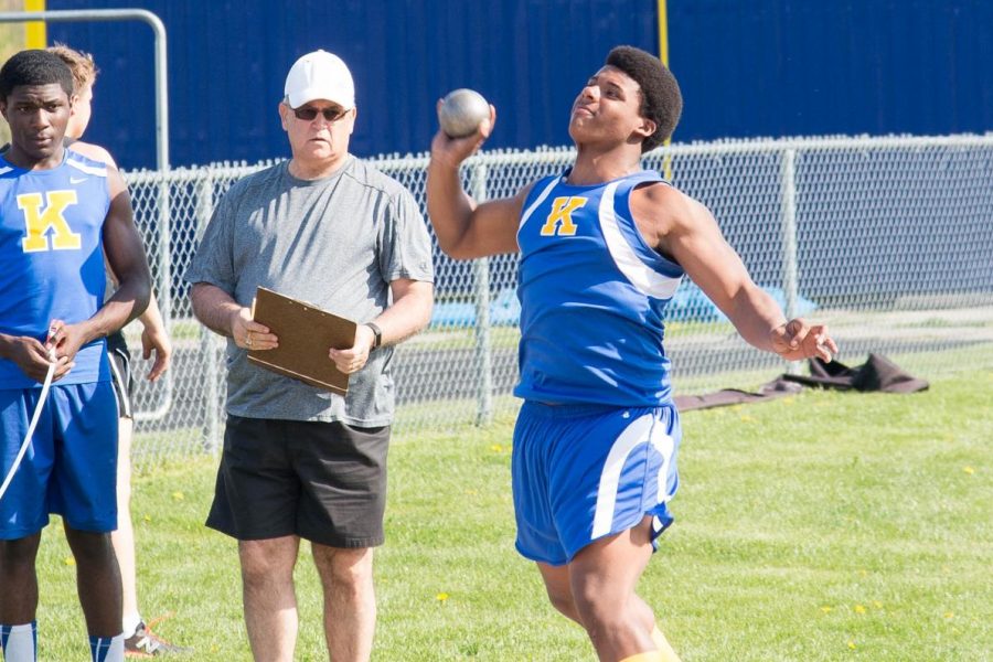 Junior Eddie Harris throws shot put during a track and field meet in the 2017 season. Harris is expected to be a leader on the team this season.