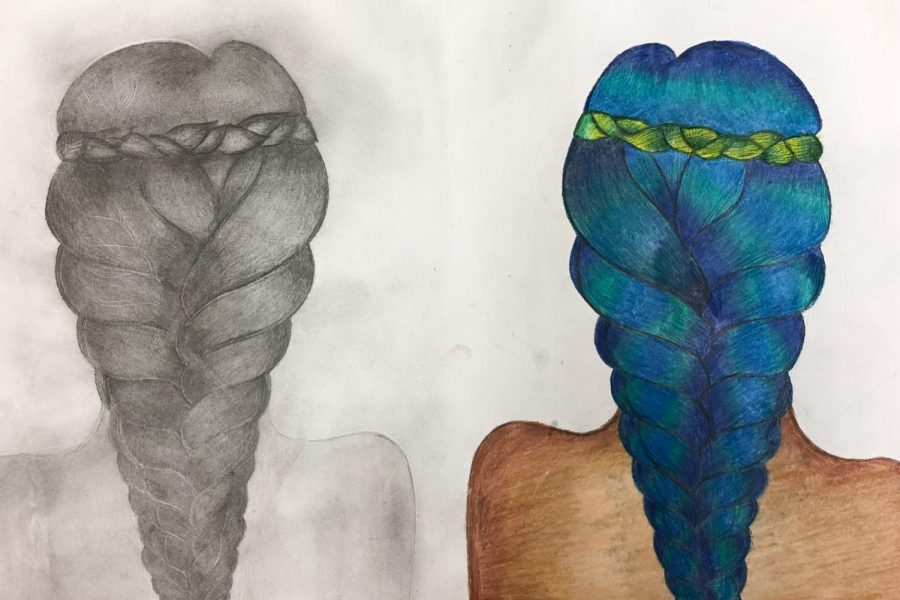This art piece was done by senior Angel Keyes for Draw and Paint class. Students were asked to create a double image: one side with graphite, and the other with colored pencils.