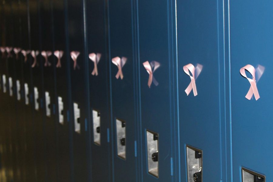 The National Honor Society decorates lockers with pink ribbons in honor of Breast Cancer Awareness Month.