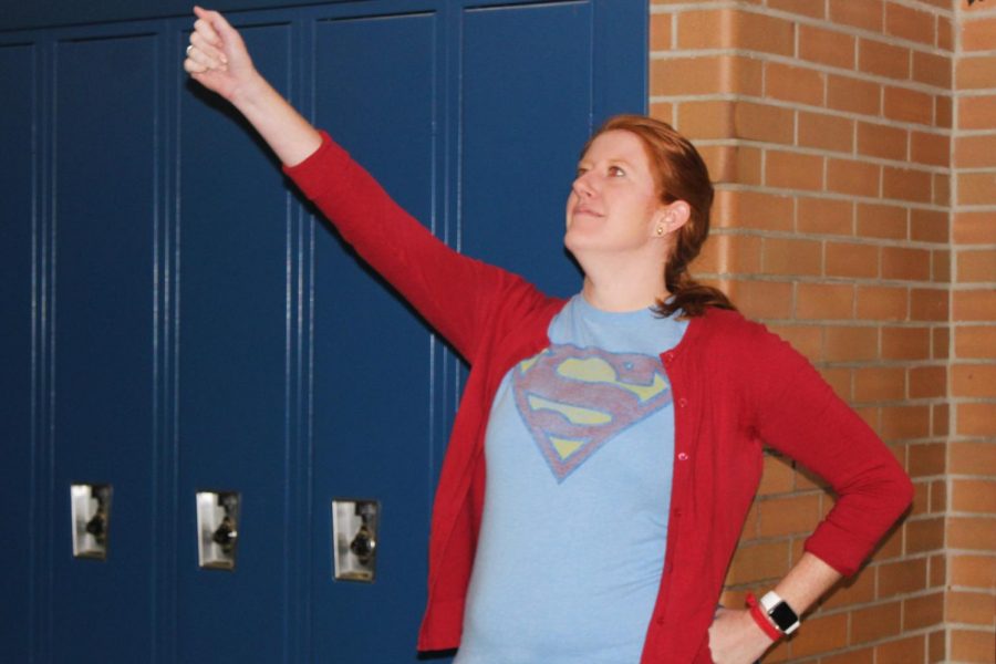 Mrs.+Caitlin+Manson%2C+Spanish+teacher%2C+poses+proudly+in+her+Superman+shirt+for+Superhero+Day.