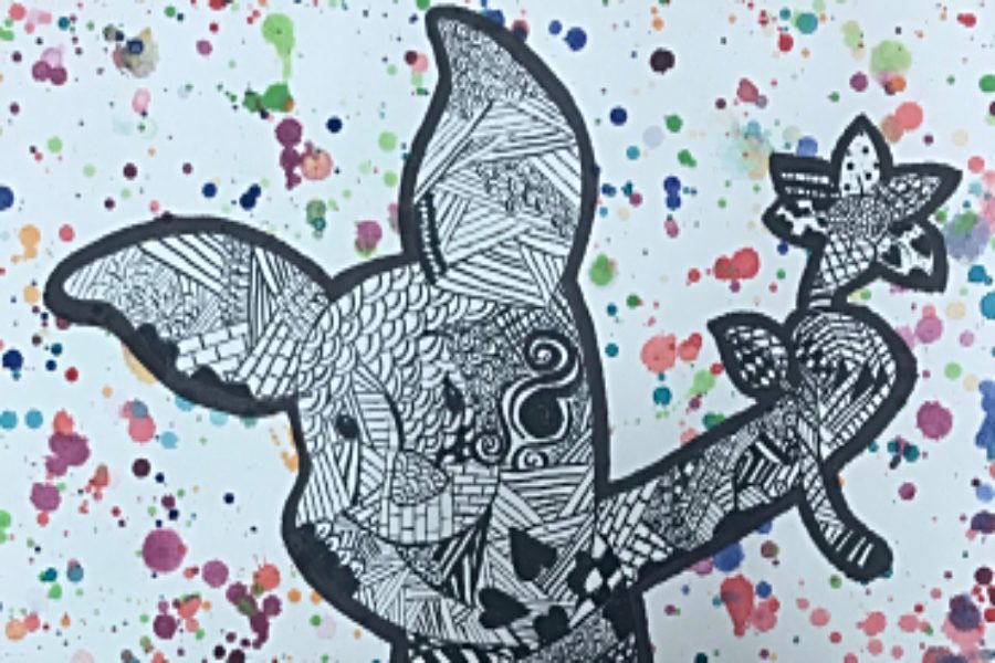 Sydney Horne, junior, combined NeoPopRealism with a splatter-paint backdrop to create the second composition of her theme The Hundred Acre Wood.