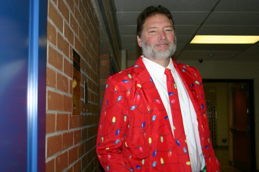History teacher Ed Councilor shows off his festive Christmas suit.