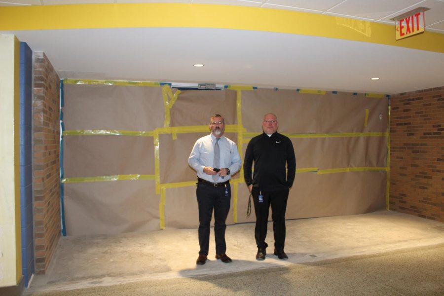 Mr. Brian Whiskur, principal, and Mr. Matt Moore, assistant principal, stand in the main entryway. The main office construction is scheduled to be finished at the beginning of second semester. 