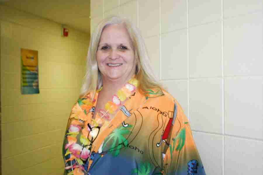 Ms. Visnaw wears a Hawaiian shirt and lei on Tuesday, Feb. 5, for spirit week.