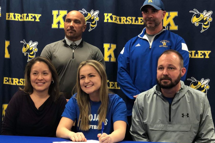 Senior Halle Parish signed her National Letter of Intent with Trinity International University on Wednesday, Feb. 27, to play softball.  Parishs mom, Mrs. Juana Parish (l to r,) Coach Ron March, Coach Scott Oullette, and  Parishs dad, Mr. Ryan Parish, came to show their support.