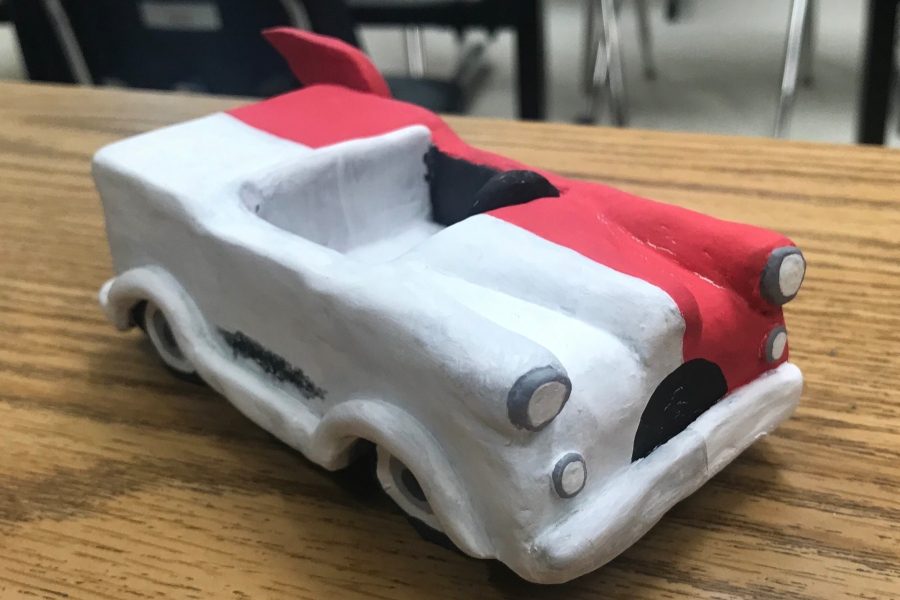 Senior Madeline Raysin used clay to create Greased Lightning. Her objective was to compare the old and new versions of the classic car from the musical Grease.