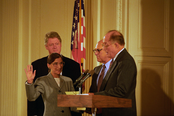 U.S. Supreme Court Justice Ruth Bader Ginsburg is sworn into office by Chief Justice William Rehnquist