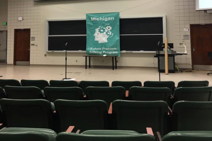 The stage is set up for the host to begin the opening ceremony of the Michigan  Future Problem Solving Program State Bowl on Saturday, March 23.