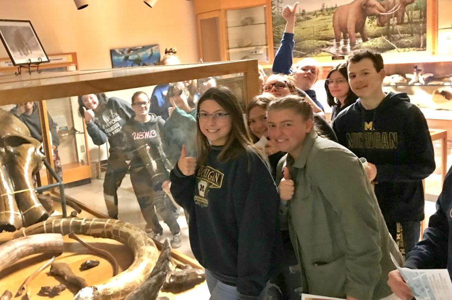 Seniors Ellena Dye (front left), Brooklynn Smith (front right), Josh Danzer (far right), and several others tour Mott Community College on Tuesday, April 9.