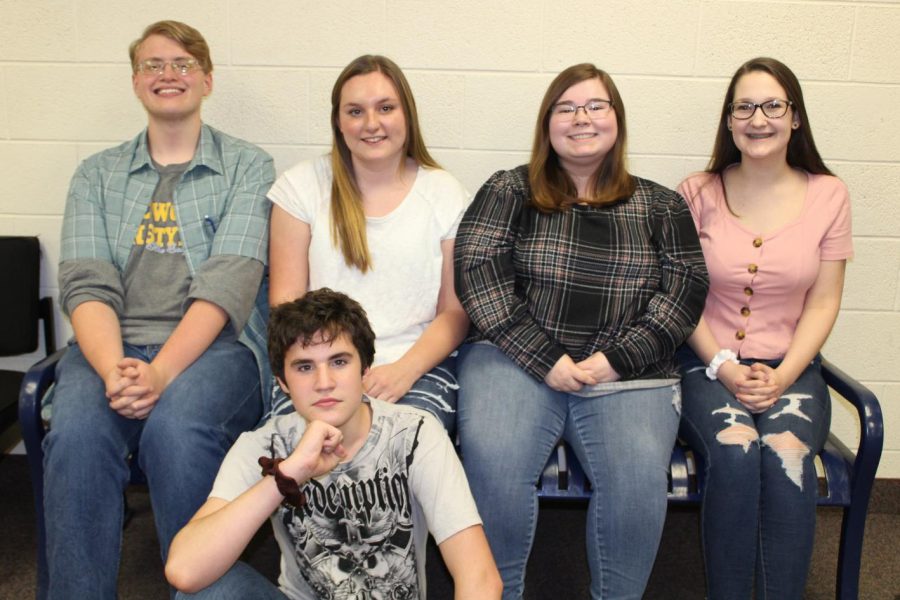 Seniors Connor Earegood (back row, l to r) and Elizabeth Taylor, juniors Hope Wills and Kaylee DeBlouw, and sophomore Jonathen Hart (front) will write for The Eclipse while new student journalists finish their training assignments.