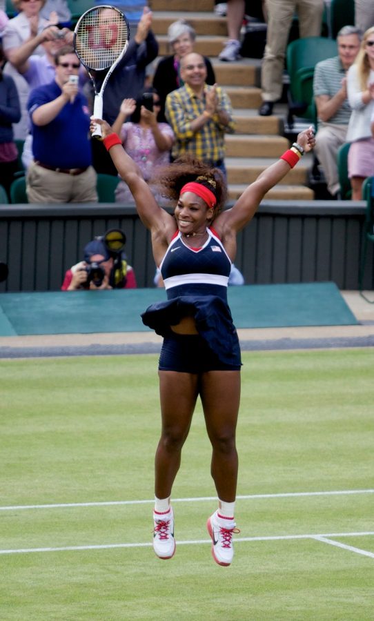 Serena Williams after winning her singles gold medal after an Olympic tennis match against Maria Sharapova