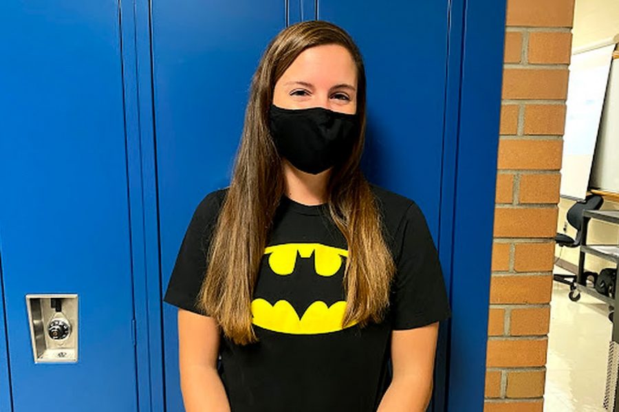 Miss Kayla Knoll, English teacher, wears her batman shirt for Hero Day, Monday, Sep. 28.