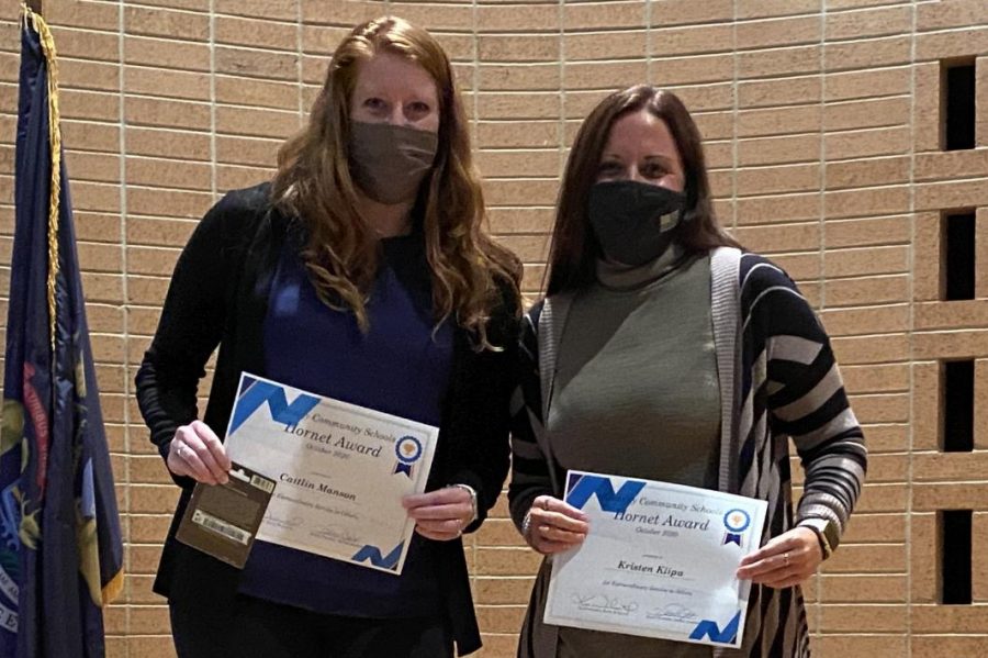 Mrs. Caitlin Manson l to r) and Mrs. Kristen Klipa won the Hornet Award Monday, Oct. 12.