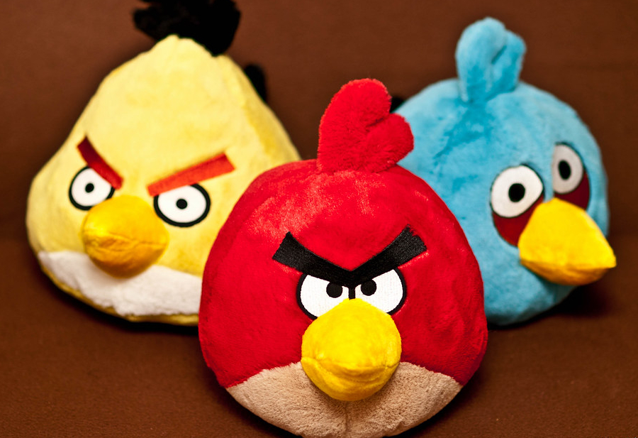 Three iconic birds from the Angry Birds franchise, Chuck (Left), Red (Middle), and The Blues (Right)
