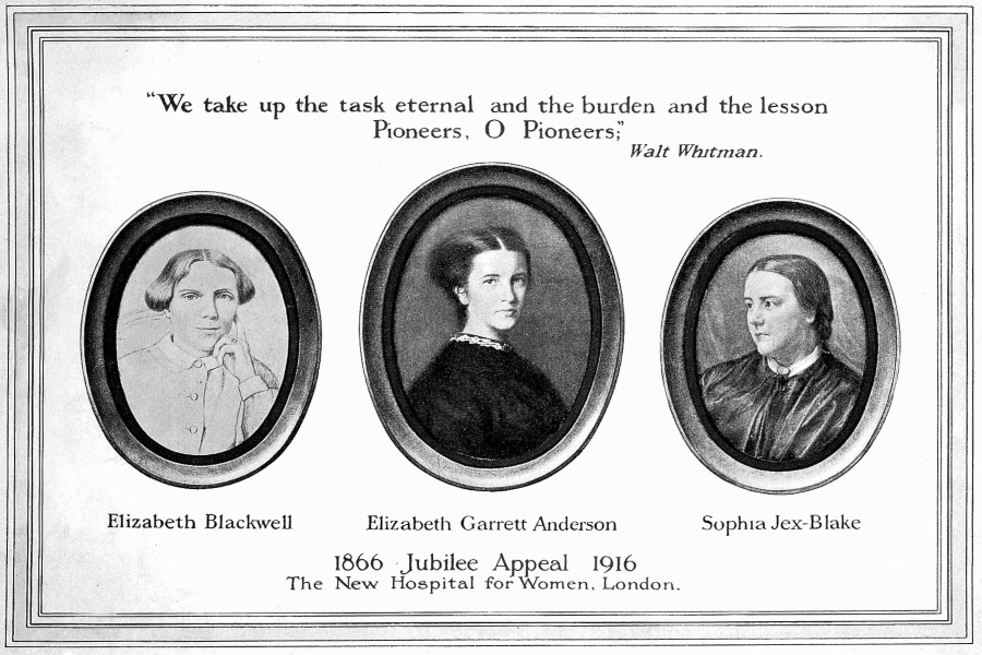 Elizabeth+Blackwell%2C+Elizabeth+Garrett+Anderson%2C+and+Sophia+Jex-Blake+are+honored+after+fifty+years+by+the+New+Hospital+For+Women+in+London%2C+England.
