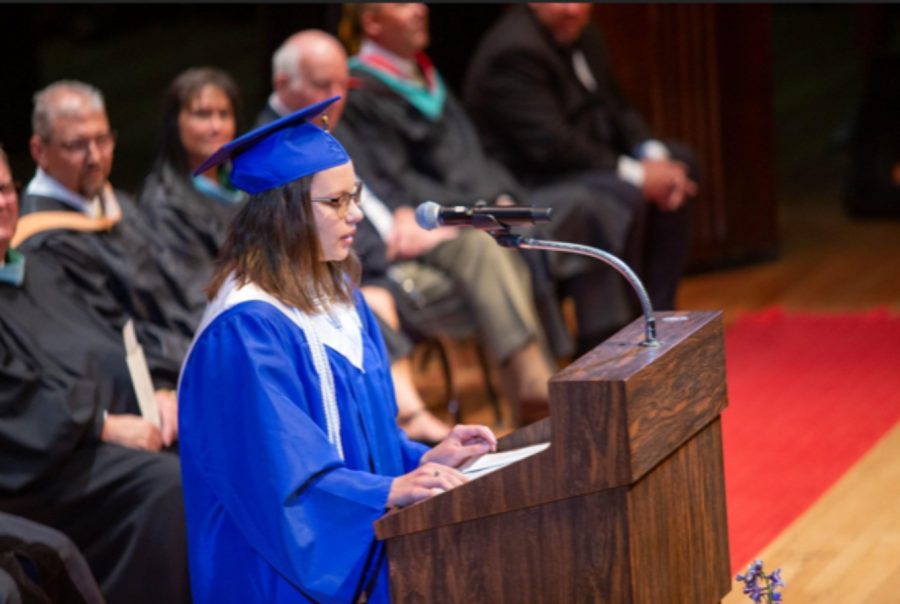 Lauren Rice mid speech at the commencement ceremony.